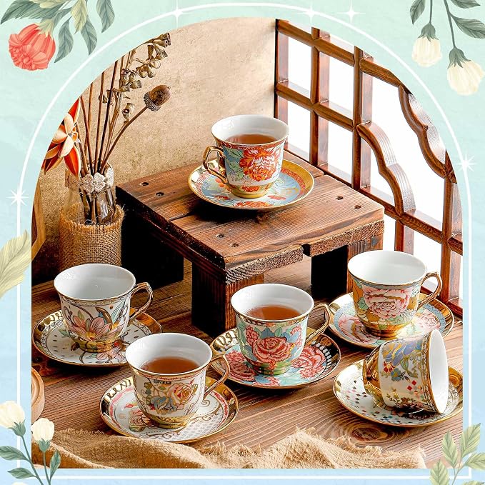 Teenyyou Set of 18 Tea Cups and Saucers Tea Party Decorations Floral Porcelain - Image 3