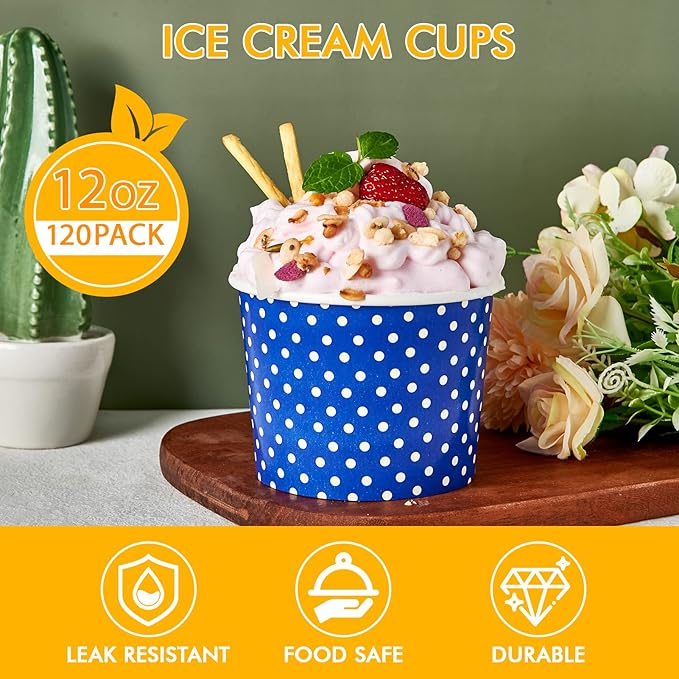 LITOPAK 120 Pack 12 oz Ice Cream Cups, Disposable Dessert Cups for Cold or Hot Food, Coloured Paper Dessert Bowls for Soups, Sundaes, and Ice Cream