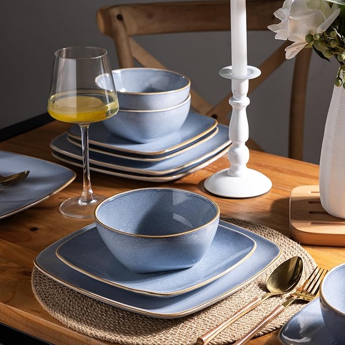 AmorArc Ceramic Dinnerware Sets for 4, 12 Pieces Square Handpainted Plates and Bowls Set, Chip and Scratch Resistant Stoneware Dishes Set, Dishwasher & Microwave Safe, Reactive Blue