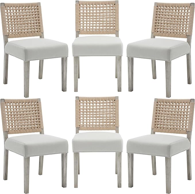 Farmhouse Dining Chairs Set of 6 Linen Fabric Upholstered Accent Side Chair, Mid Century Modern Kitchen & Dining Room Chairs with Woven Rope Back for Home, Living Room, Bedroom - White