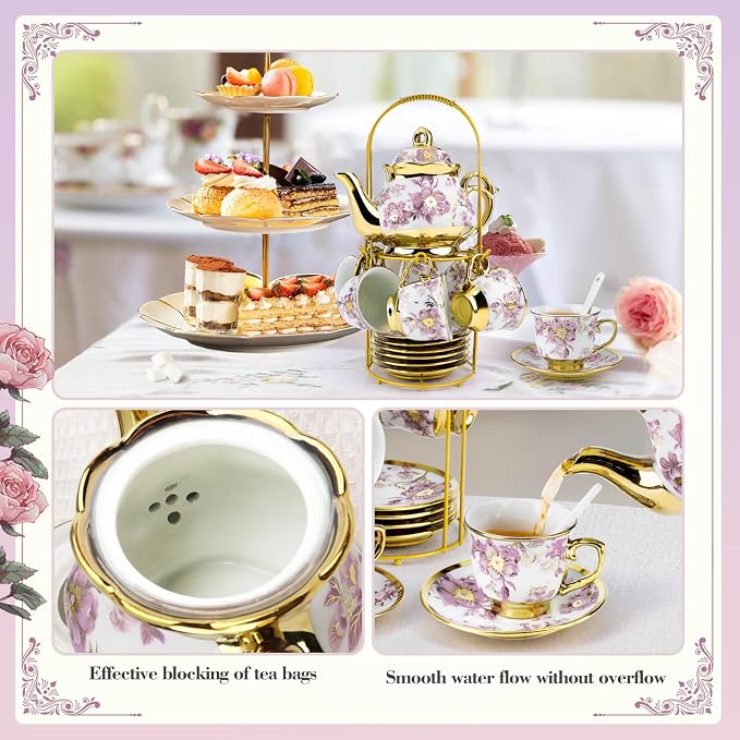 20 Pcs Porcelain Tea Set with Metal Holder, 700ml/23oz European Ceramic Tea Set - Image 4