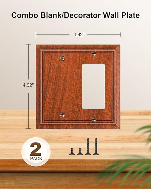 2-Pack Combo Blank/Decorator Wall Plates, Wood Grain Decorative Switch Plates and Outlet Covers, Durable Natural Bamboo Fiber Wall Plates for Electrical Outlets, Receptacle, GFCI Outlet, Dimmer Switch