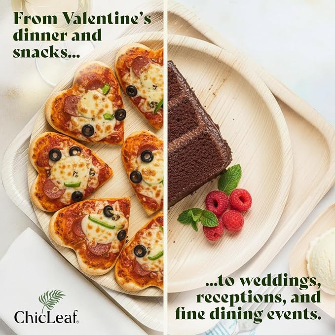 Chic Leaf Round Palm Leaf Plates - 10-Inch & 7-Inch, Pack of 48 - Compostable Disposable Bamboo Plates for Parties, Winter Cozy Dinner, Wedding & Valentine's day Romantic Candlelit Home Dining