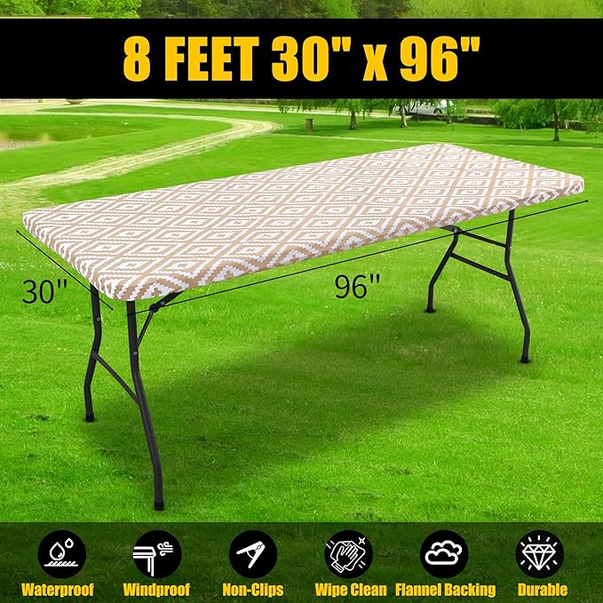 Smiry Rectangle Table Cloth Cover, Waterproof Elastic Fitted Picnic Tablecloth for 8 Foot Tables, Wipeable Flannel Backed Vinyl Tablecloths for Camping, Dining, Outdoor (Khaki, 30" x 96")