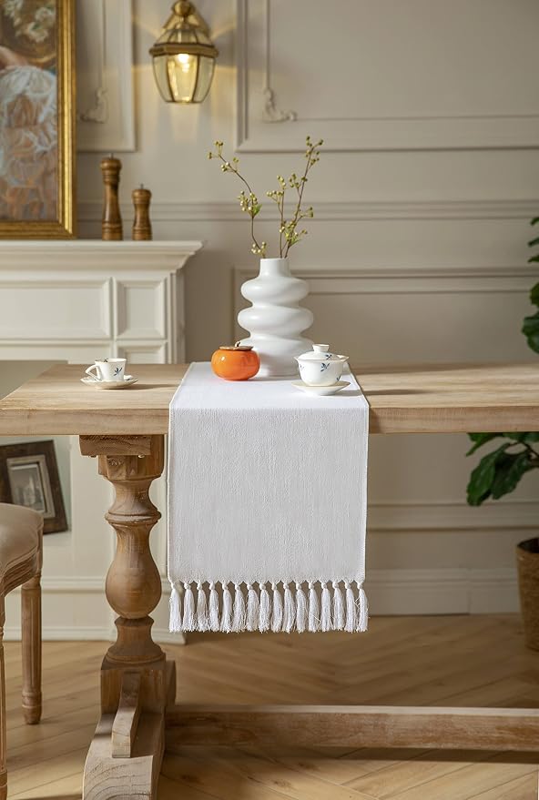 White Table Runners 90 Inches Long, Burlap Linen Style Rustic Farmhouse Table - Image 2