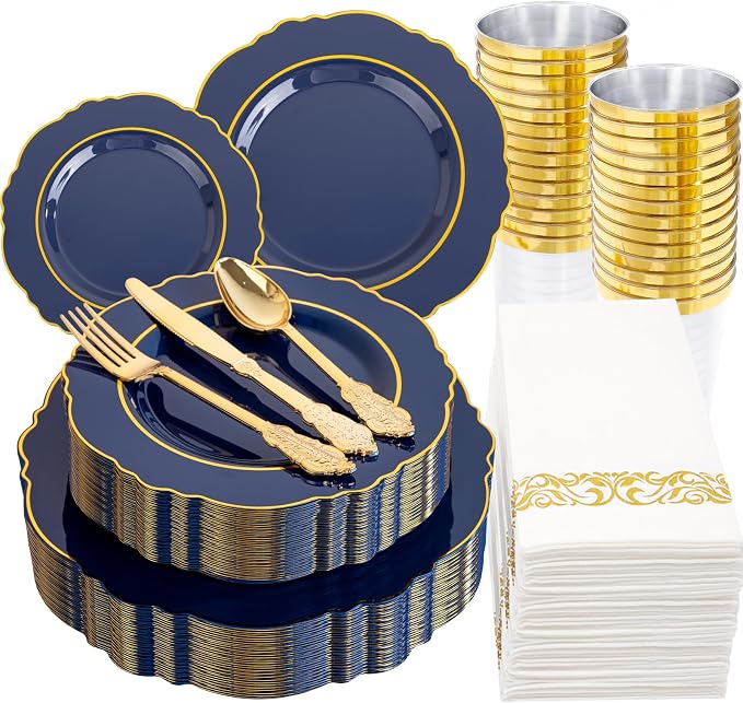 KIRE 210Pcs Navy Blue Plastic Plates by KIRE