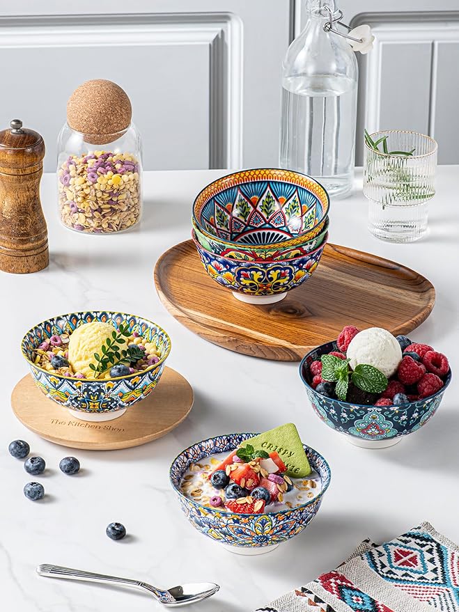 HENXFEN LEAD Small Dessert Bowls – 10 oz Boho Ceramic Bowls for Ice Cream, Snacks, Side Dishes, Condiments – Microwave & Dishwasher Safe, Set of 6