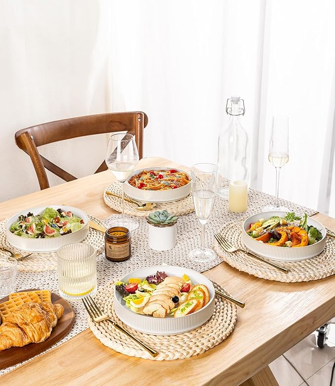 theterra 7.5'' Ceramic Pasta Bowls, Salad Bowls Set of 4, Stoneware Serving Bowls for Fruits, Noodle, Dinner, House-warming Wedding Present, Reactive White