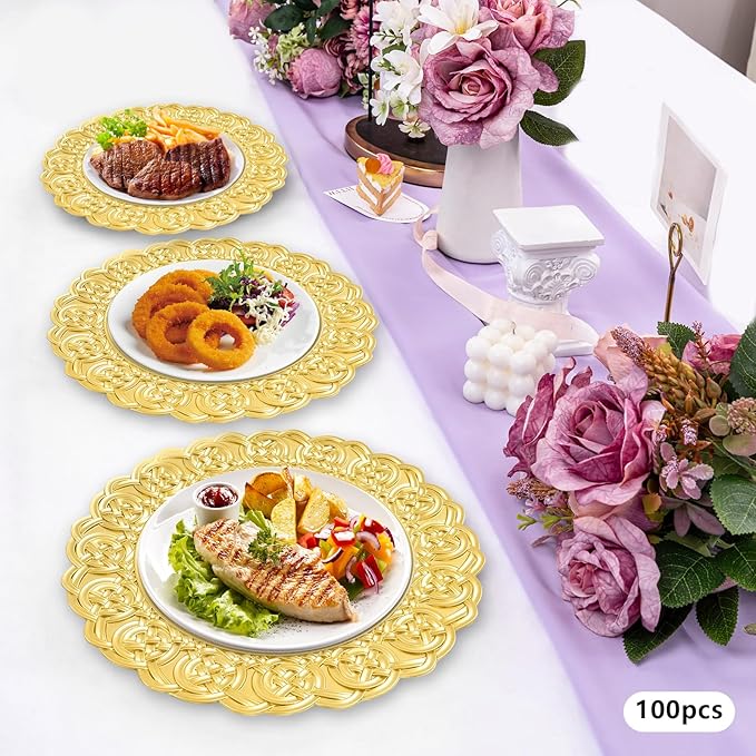 100 Pcs Antique Charger Plates Bulk, 13in Reusable Serving Plates Embossed Rim Plastic Party Dinner Plate Chargers Round Decorative Server Plate for Wedding Party Event Tableware