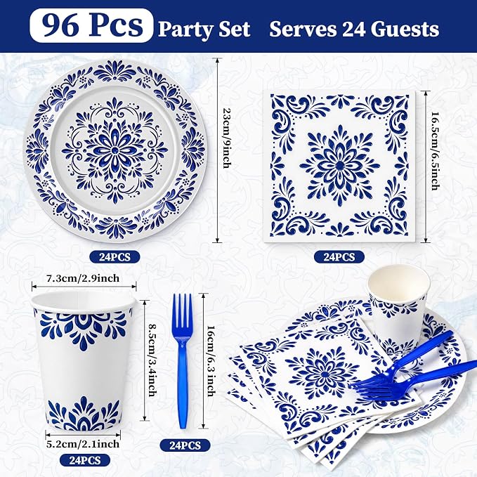 96 Pcs Cielito Lindo Party Supplies De Barro Mexican Talavera Blue Party Plates - Image 3