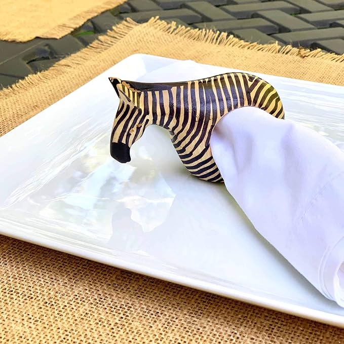 Global Crafts Handcarved Mahogany Wooden Napkin Ring Holders, Zebra, Set of 6 (KWF012_Z)
