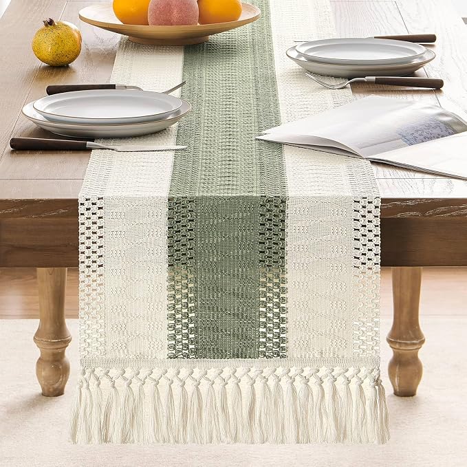 Macrame Style Bicolor Stitching Table Runner 14x48in Green | Woven Boho Table - Image 2