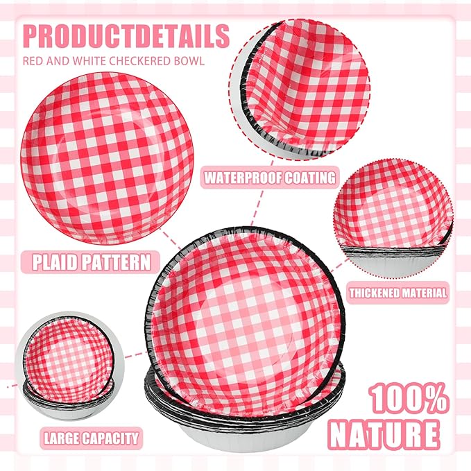 50 Pcs Small Paper Bowls 8 oz Red Gingham Bowls Disposable Microwave and Freezer Safe Checkered Bowl for Ice Cream, Snack, Salad, Buffalo Plaid Birthday Party Supplies (Red)