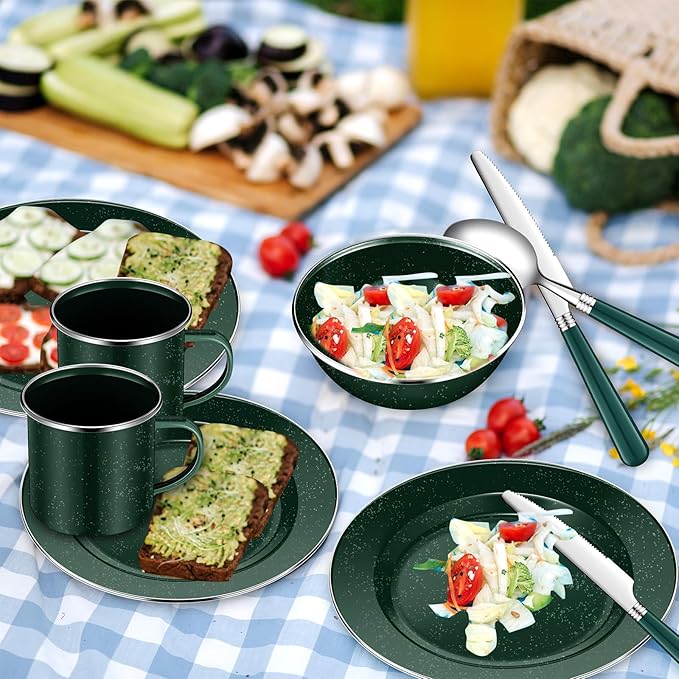 Nuogo 12 Pcs Enamel Camping Tableware Set Dinnerware Kit Includes 12 oz Coffee Mugs Camping Plates Bowls and Utensils Set with Knife Fork Spoon for 2 People Hiking Picnic Outdoor