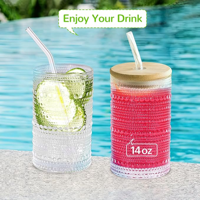 Hobnail Drinking Glasses with Bamboo Lids and Glass Straw 4Pcs Set - 14oz - Image 6