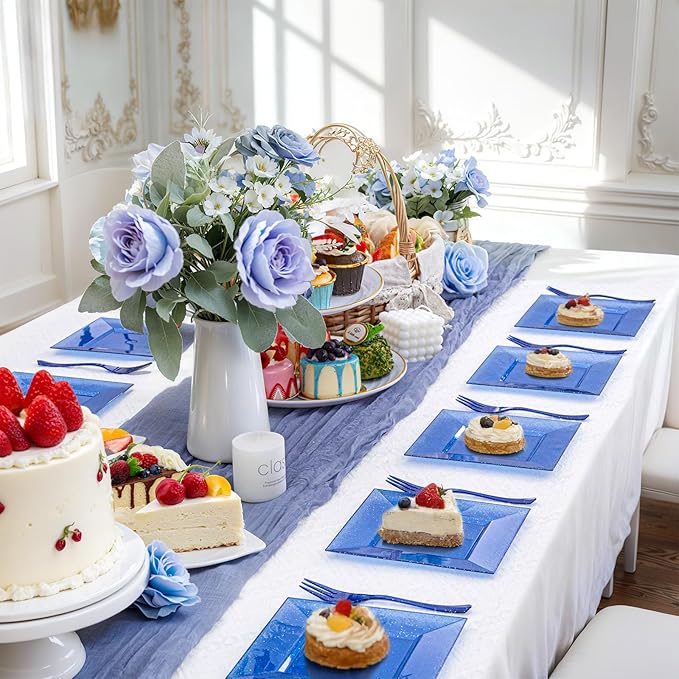DaYammi 200Pcs Blue Dessert Plates with Forks- Small Disposable Dessert Plates- Serve 100 Guests include 100 Cake plates 6",100 Plastic Forks 5.7" for Party,Disposable Appetizer plates for Wedding