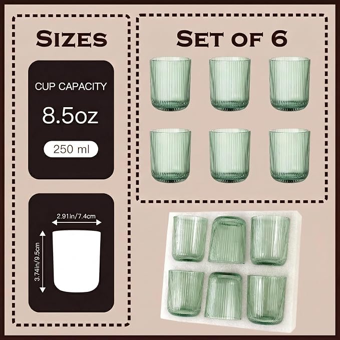 Green Ribbed Highball Glasses Set of 6, 8.5oz Sage Green Vintage Glassware - Image 3