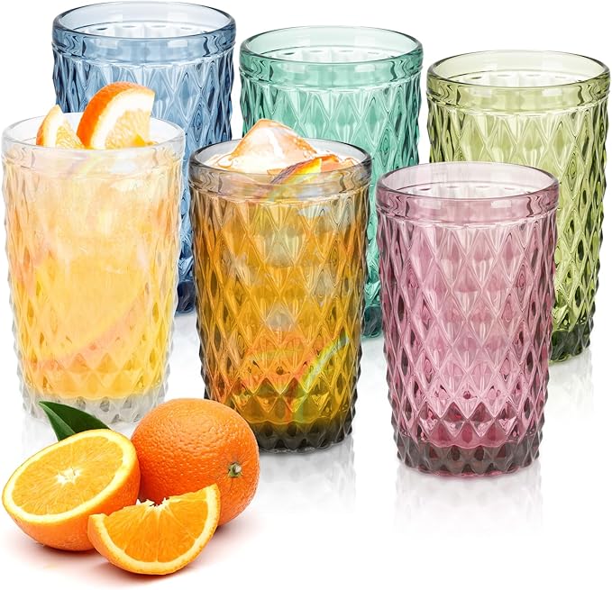 Topsky Highball Drinking Glasses Set of 6,12 oz Colored Glassware with Geometric Diamond Pattern,Embossed Diamond Tumblers,Blue Vintage Glassware Set for Beer,Juice,Cocktail