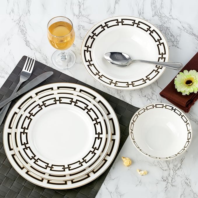 Joseph Sedgh Collection “Abbey” 20-Piece Bone China Dinnerware Set, Service for 4, Black and Gold Chain