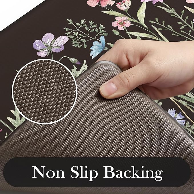 KIMODE Anti Fatigue Mats for Kitchen Floor 17"x47"+17"x29", Farmhouse Floral Kitchen Rugs Sets of 2, Cushioned Kitchen Floor Mats, Non Slip Standing Mat for Sink, Laundry, Office, Desk Black