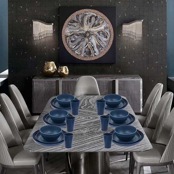 Supernal Wheat Straw Dinnerware Sets, Tableware Set for 8, Plates and Bowls Sets, Reusable Dinnerware Set, Dishwasher Safe, Blue Plastic Dinnerware Sets 16pcs Plates, 8pcs Bowls, 8pcs Cups