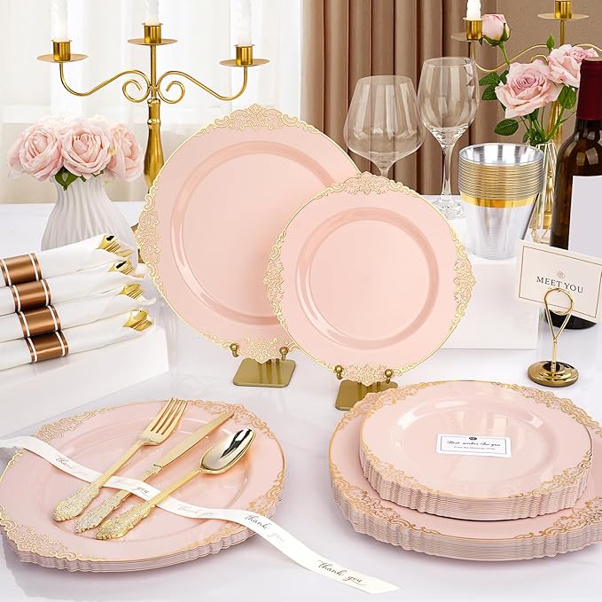 350 PCS Pink and Gold Plastic Plates, Plastic Dinnerware Set for 50 Guests, 100 Disposable Plates, 150 Silverwares, 50 Cups, 50 Napkins for Party, Wedding, Graduation