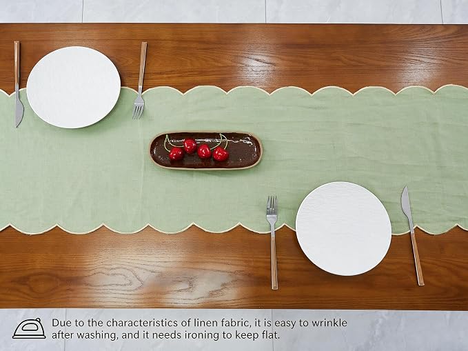 100% Natural Linen Rustic Scalloped Embroidery Table Runner 72 Inches Long - Image 4