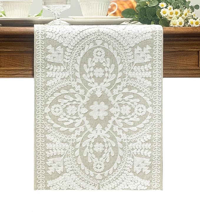 KEVA Boho Table Runner 91inches Long, Farmhouse Rustic Vintage White by KEVA