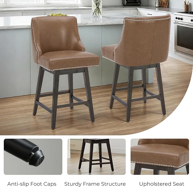 CHITA Counter Height Swivel Bar Stools, FSC Certified Upholstered Counter Stools, Modern Swivel Barstools with Wood Legs for Kitchen Island, 26" Seat Height, Faux Leather in Saddle Brown