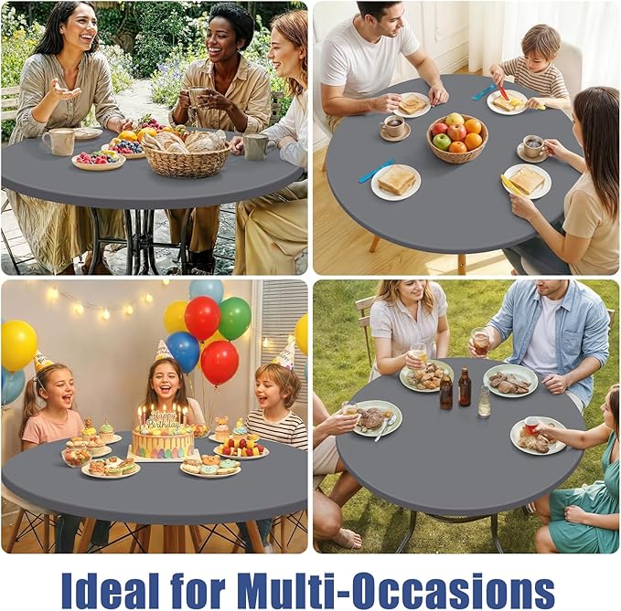 Round Spandex Tablecloth, Elastic Fitted Waterproof Tablecloths for 42"-50" Tables, Stretch Washable Picnic Table Cover for Camping, Dining, Indoor and Outdoor, Grey
