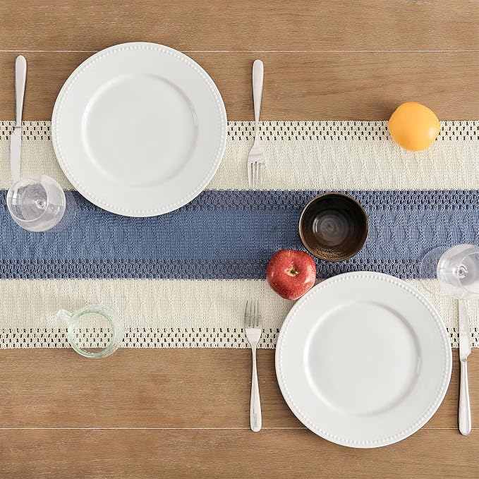 Macrame Style Bicolor Stitching Table Runner 14x108in Blue | Woven Boho Table - Image 4
