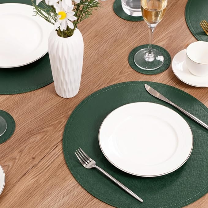 Jovono Faux Leather Round Placemats and Coasters, Wipeable Table Mats, Easy to Clean, Double Stitched for Kitchen Dining Table, Party, Restaurant, Diameter 13'' and 3.9'', Green