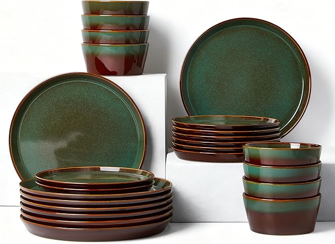 Plates and Bowls Sets for 8, Ceramic Dinnerware Sets, Kitchen Dish Set, Microwave & Dishwasher Safe Dishware, Highly Durable Handcrafted Dinner Set, Brown Green