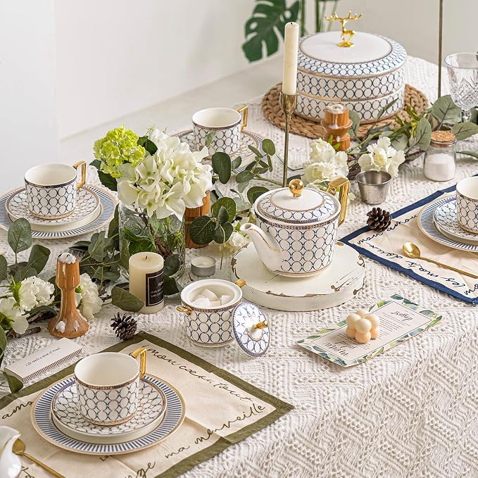 CwlwGO- Bone China Tea Cup Sets, 15-Pieces Tea Cup and Saucer Set Service - Image 5