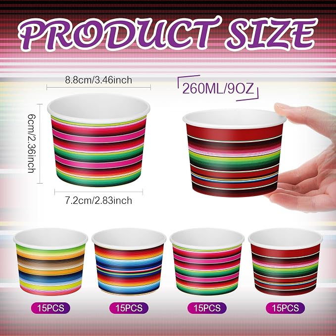 CHENGU 60 Pcs Mexican Stripes Snack Cups 9 oz Disposable Mexican Stripes Ice - Image 2