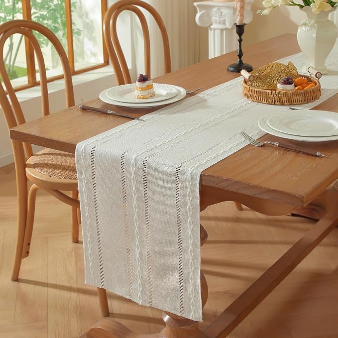 Beige Boho Cotton Linen Table Runner, Farmhouse Woven Table Runners Spring - Image 6