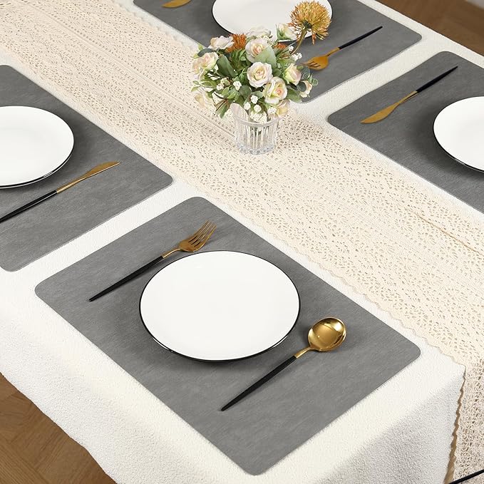 Gray Reversible Faux Leather Placemats – Set of 6 Waterproof, Heat-Resistant & Easy-to-Clean Table Mats for Modern Dining