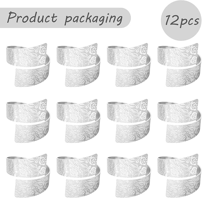 Napkin Rings Set of 12, Irregular-Shaped Metal Napkin Holders with Rose Patterns for Wedding Dining, Holiday Table Decor, Perfect for Home Chefs & Party Planners（Silver）