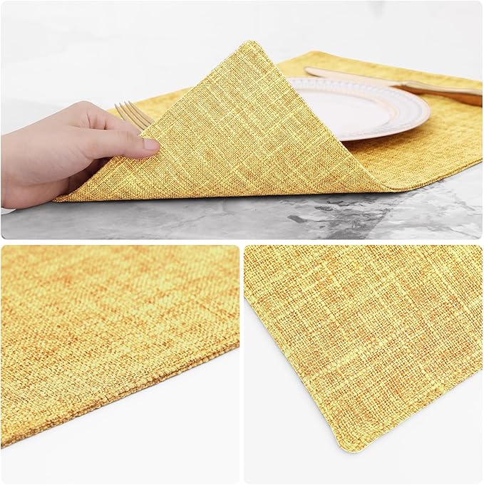 homing Cotton Linen Placemats Set of 4, Cloth Washable Farmhouse Dining Table Mats for Indoors & Outdoors, Easy to Clean, Mustard Yellow, 13 x 19 Inch