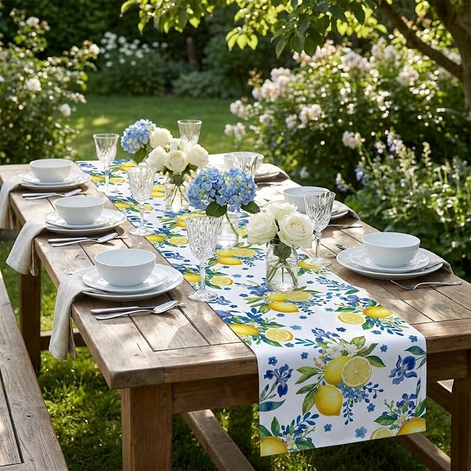 Lemon and Blue Floral Table Runner | Linen Texture Fabric, Easy Care Machine - Image 4