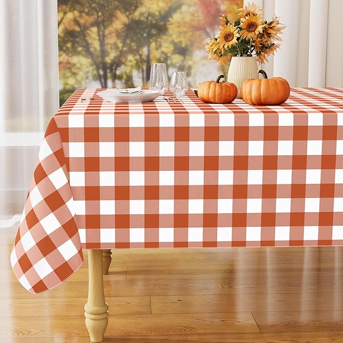 misaya Rectangle Waterproof Vinyl Table Cloth, Buffalo Flannel Backed Tablecloth, Wipeable Plastic Table Cover for Dinner, Kitchen, Picnic, (60" x 84", Rust and White)