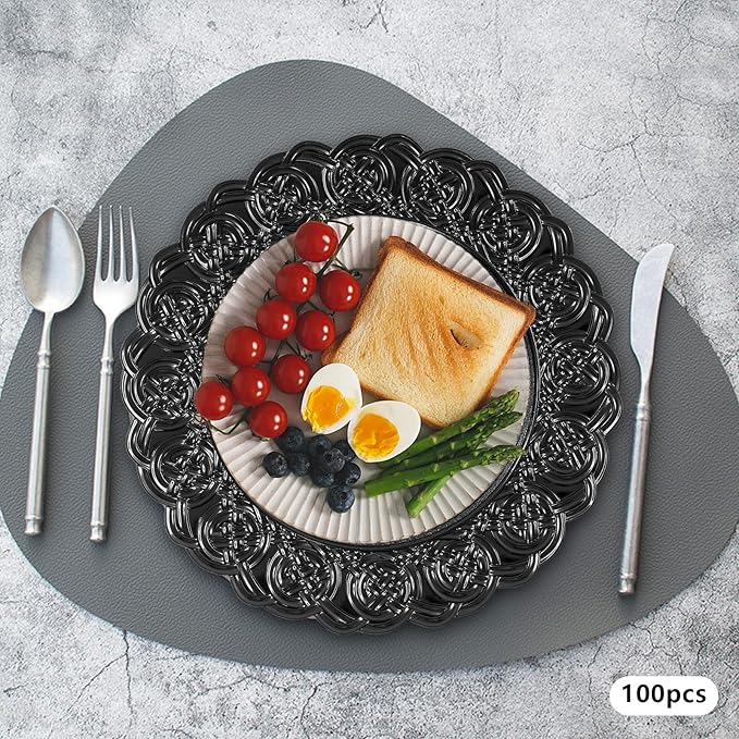 100 Pcs Antique Charger Plates Bulk, 13in Reusable Serving Plates Embossed Rim Plastic Party Dinner Plate Chargers Round Decorative Server Plate for Wedding Party Event Tableware