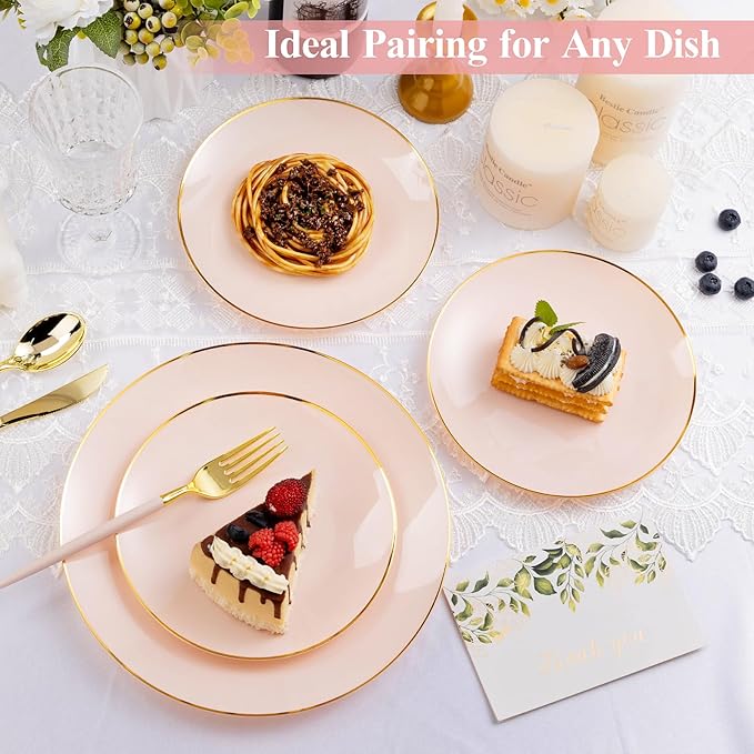 100 PCS Pink Gold Plastic Plates, 10 inch Pink Disposable Plates for Party, Plastic Dinner Plates for Party, Graduation, Wedding
