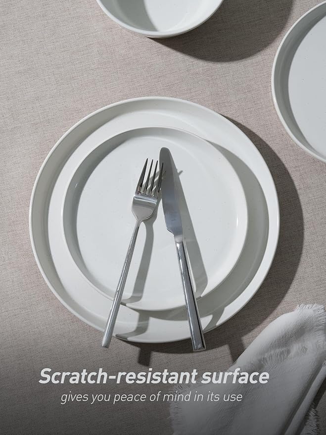 Famiware Saturn 16 Pieces Plates and Double Bowls Sets for 4, Stoneware Dinnerware Set with Pasta Bowl, Dish Set with Trim - Chip & Scratch Resistant, Microwave & Dishwasher Safe, White