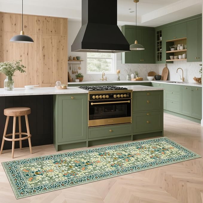 GarveeHome 2x6 Kitchen Runner Rug, Washable Rug for Hallway Non Slip Sage Green, Ultra-Thin Boho Soft Kitchen Runner Rug Botanical Carpet for Entryway, Laundry Room, Bedroom Floor Mat