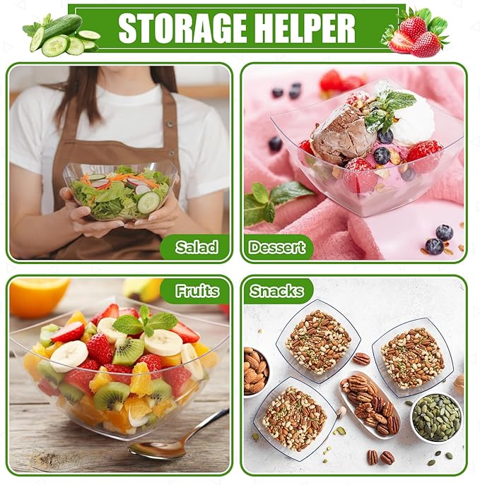 Tanlade 50 Pcs Square Plastic Serving Bowls Disposable Snack Salad Bowl Small Party Candy Bar Containers Taco Bar Serving Dishes for Buffet Chips Fruit (12 oz,Clear)