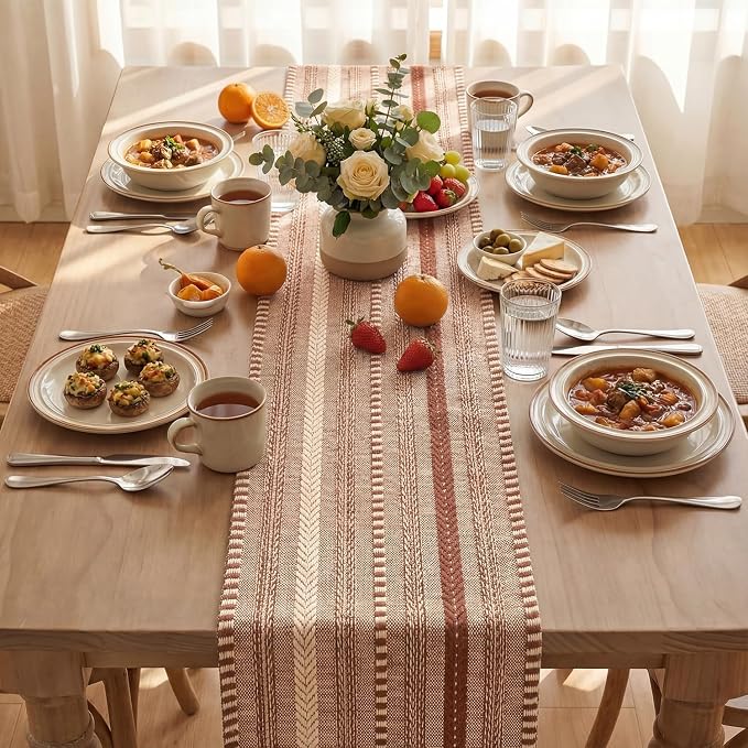 Artoid Mode Caramel Farmhouse Stripe Braided Table Runner 12x90 Inch | Holiday - Image 3