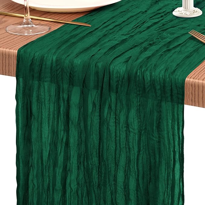 Showgeous 2 Pack Emerald Green Cheesecloth Table Runners Boho Wedding Decor | - Image 9