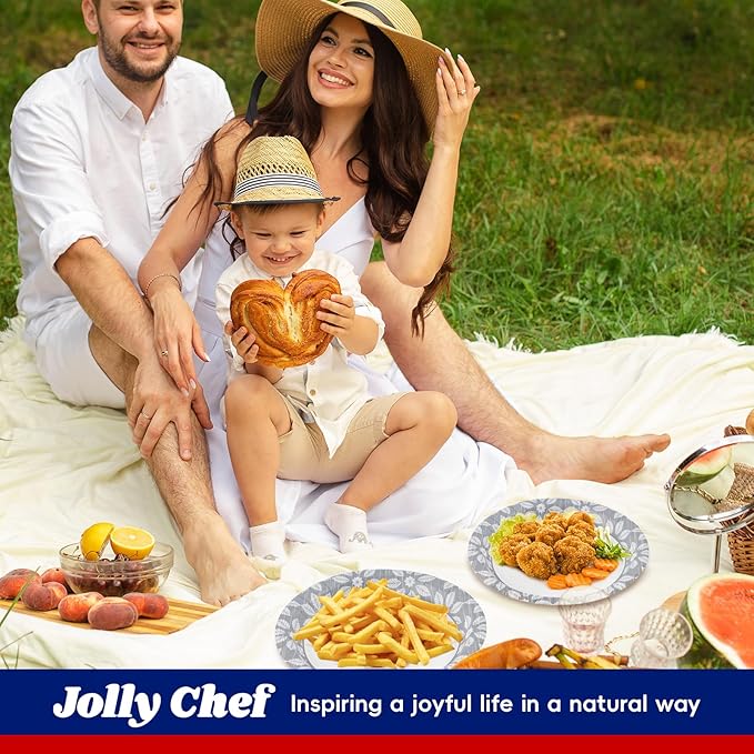 JOLLY CHEF 9 inch 140 Pack Disposable Paper Plates,Soak Proof, Cut Proof, Heavy Duty Printed Paper Plates for Everyday Use