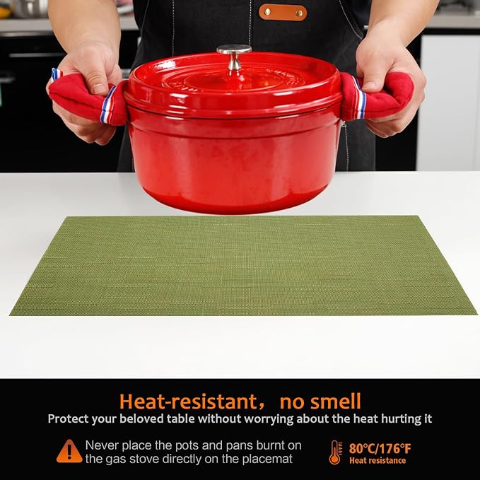 Green Vinyl Placemats Set of 8, Heat Resistant Table Placemats | 18x12 inch - Image 4